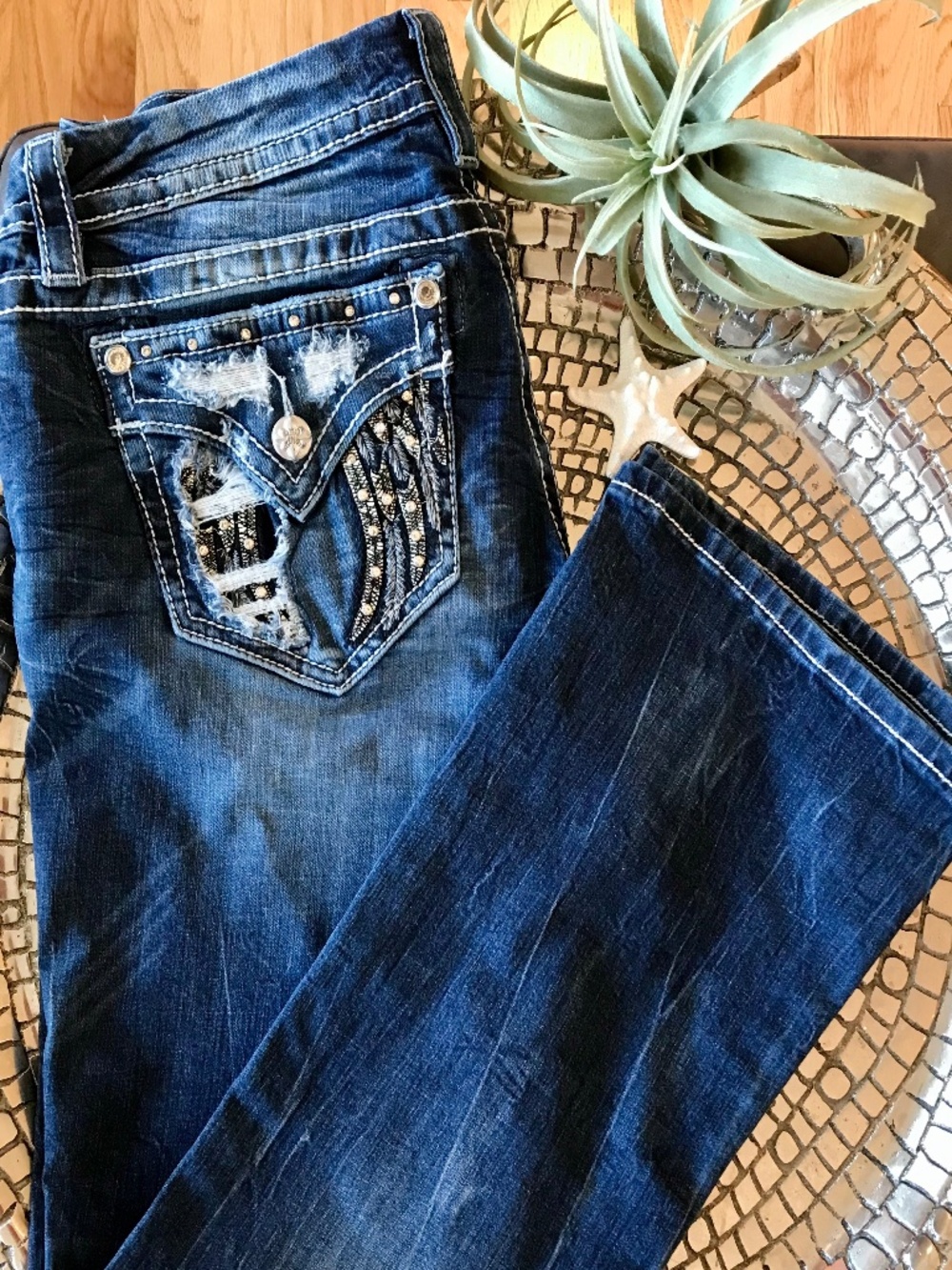 Y2K MCBLING IT GIRL MISS ME ANGEL WING BOOT CUT JEANS CYBER-GRUNGE
